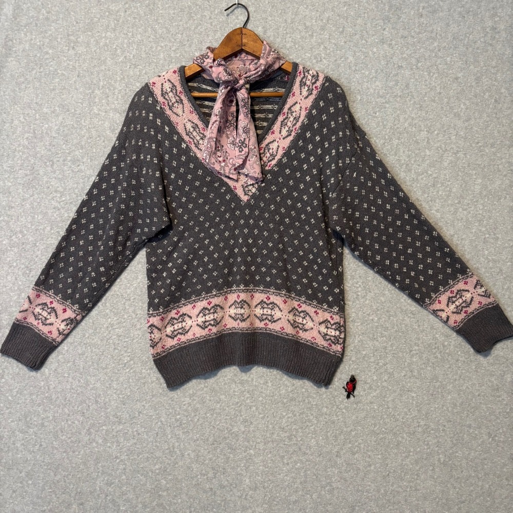 Andrea Gayle Vintage Women's Large V-Neck‎ Sweater Silk Angora Fair Isle Scarf
